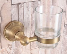 Antique Brass Toothbrush Holder with Glass Cup Wall Mounted Bathroom Accessory