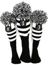 Black White Classic knit Pom Headcover 3 Headcovers cover Golf Club head covers