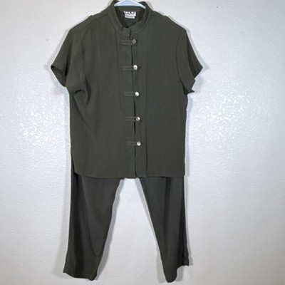 CLIO Olive Outfit Set Women MED Button Top  & SML Drawstring Pants Straight Leg