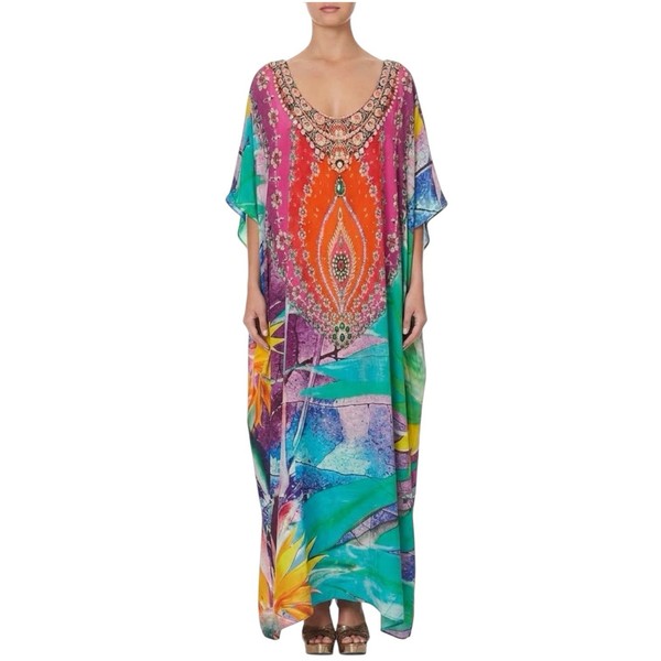 Camilla Novaya Kaftan One Size OS Maxi Silk Round Neck Long Vintage