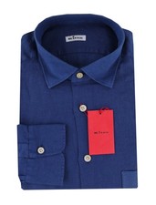 600 Kiton Blue Solid Linen Shirt - Extra Slim - KT314265