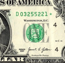 2021 D star note One dollar Bill D03255221* 500K Sheet Note Run 2 of 3