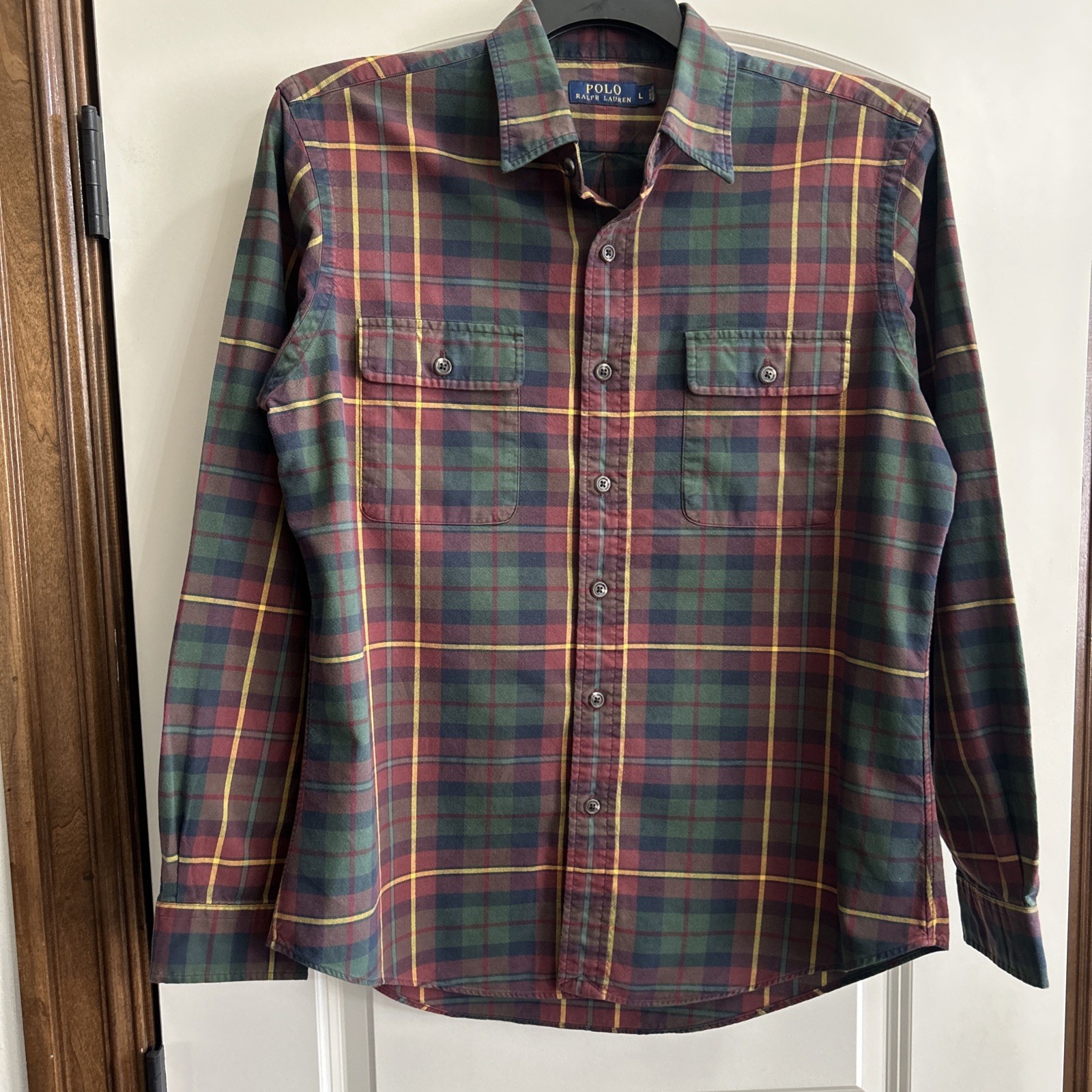 VTG Mens Polo Ralph Lauren Plaid Cotton Shirt With Suede Elbow Patches size L