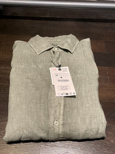 ZARA camicia uomo lino verde taglia M manica lunga con bottoni nuova con etichetta leggera