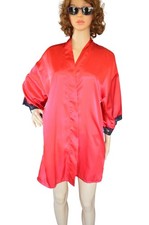 Vintage Frederick s of Hollywood Red Satin Black Lace Short Robe Pockets Size S