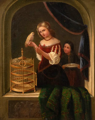 Junge Frau am Fenster, die einen Papagei füttert. 19. Jh. monogrammiert  N M 