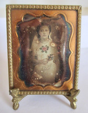 Exquisite Antique Victorian Daguerreotype Photo BRIDE Hand-Tinted Flowers EASEL