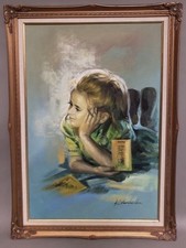 Vintage Big Eye Waif Oil Painting Girl Reading "I Like You" Signed K. Harrison