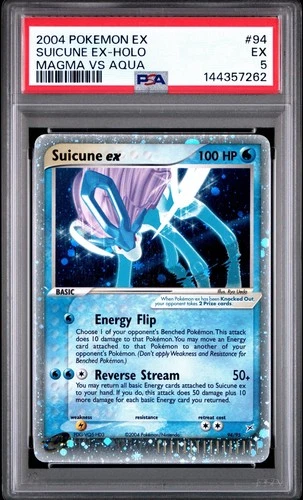 2004 POKEMON EX TEAM MAGMA VS TEAM AQUA #94 SUICUNE EX-HOLO PSA 5
