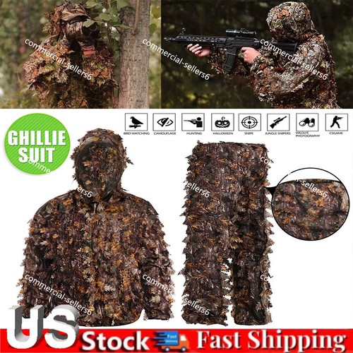 3D Leaf Adults Ghillie Suit Woodland Camo Camouflage Hunting Training Sniper US - Picture 13 of 14