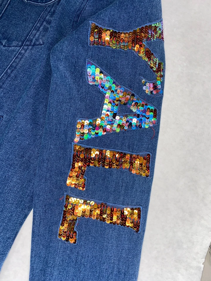 Avani Del Amour 纽扣羽绒夹克女式 M 蓝色牛仔德克萨斯刺绣 B4 — 第 3/4 张图片