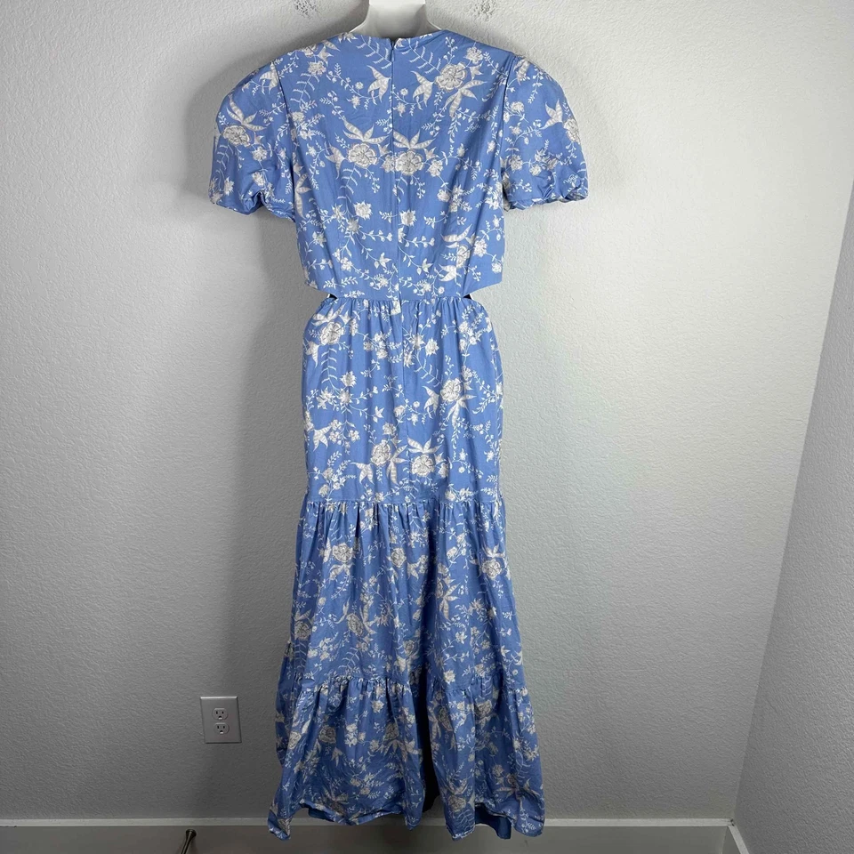 Vestido Wayf para mujer azul medio floral recorte en capas manga abullonada Cottagecore Maxi Foto 2 de 4