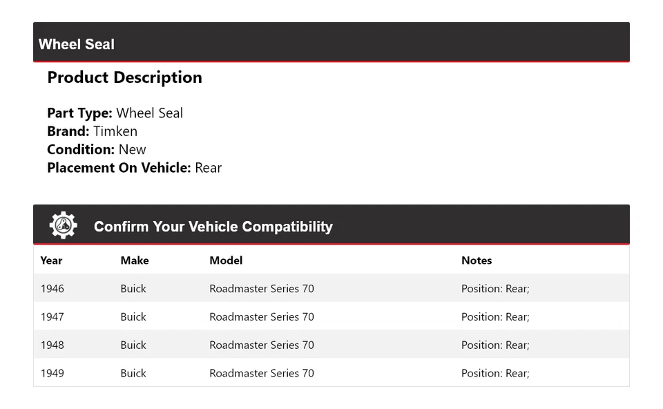 Sello de rueda trasero Timken 1947 1948 para Buick Roadmaster Series 70 1946-1949 Foto 2 de 4