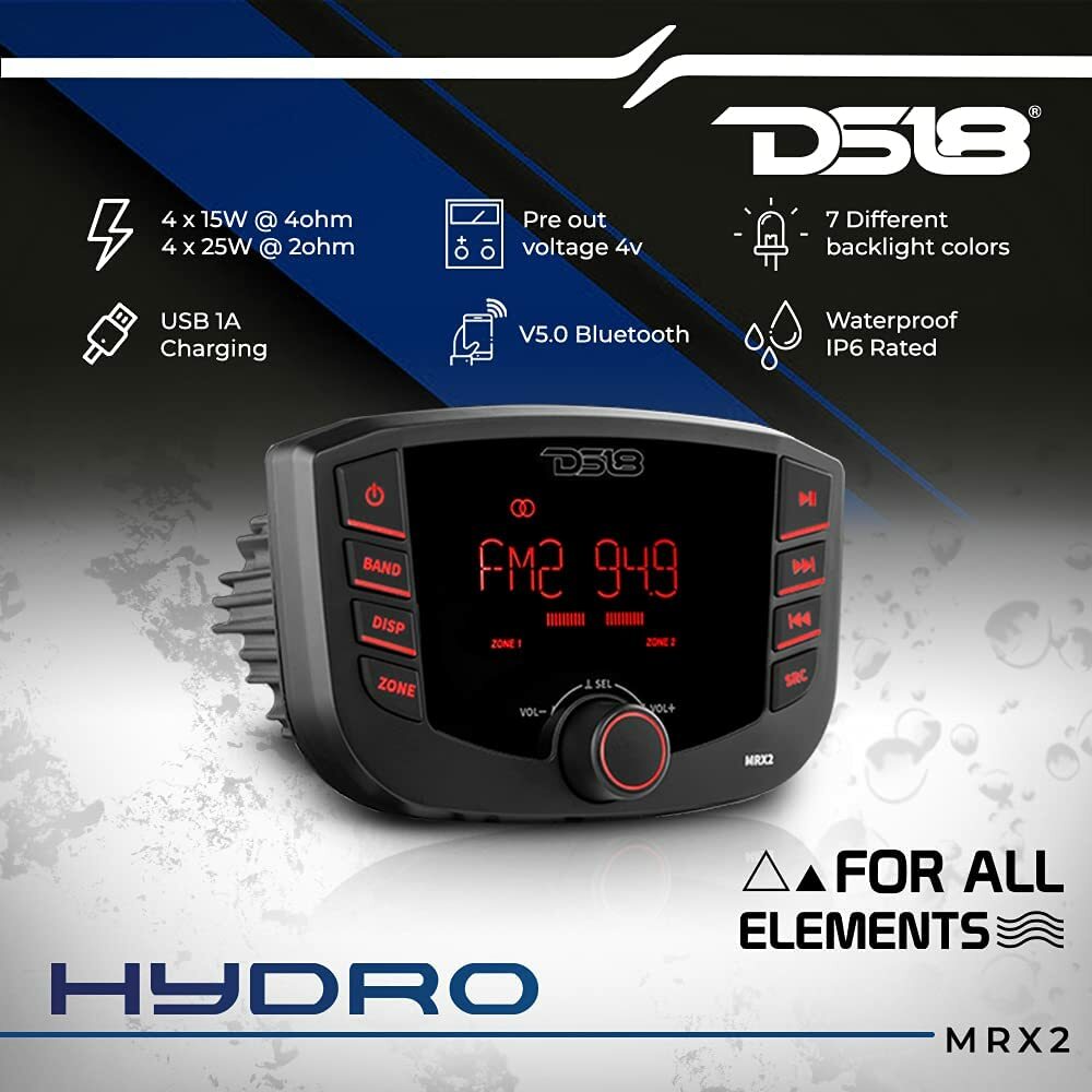 DS18 MRX2 Bluetooth USB Marine Powersports Gauge Hole Stereo