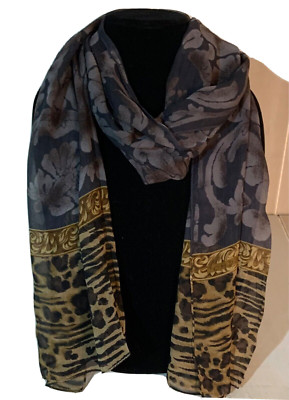 ECHO 100% Silk Scarf Made in Japan 64'' X 16'' Floral gold boarder animal print