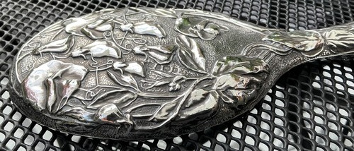 1904 Art Nouveau Sterling Silver Vanity Hand Mirror, repousse sweet pea design - Picture 7 of 10