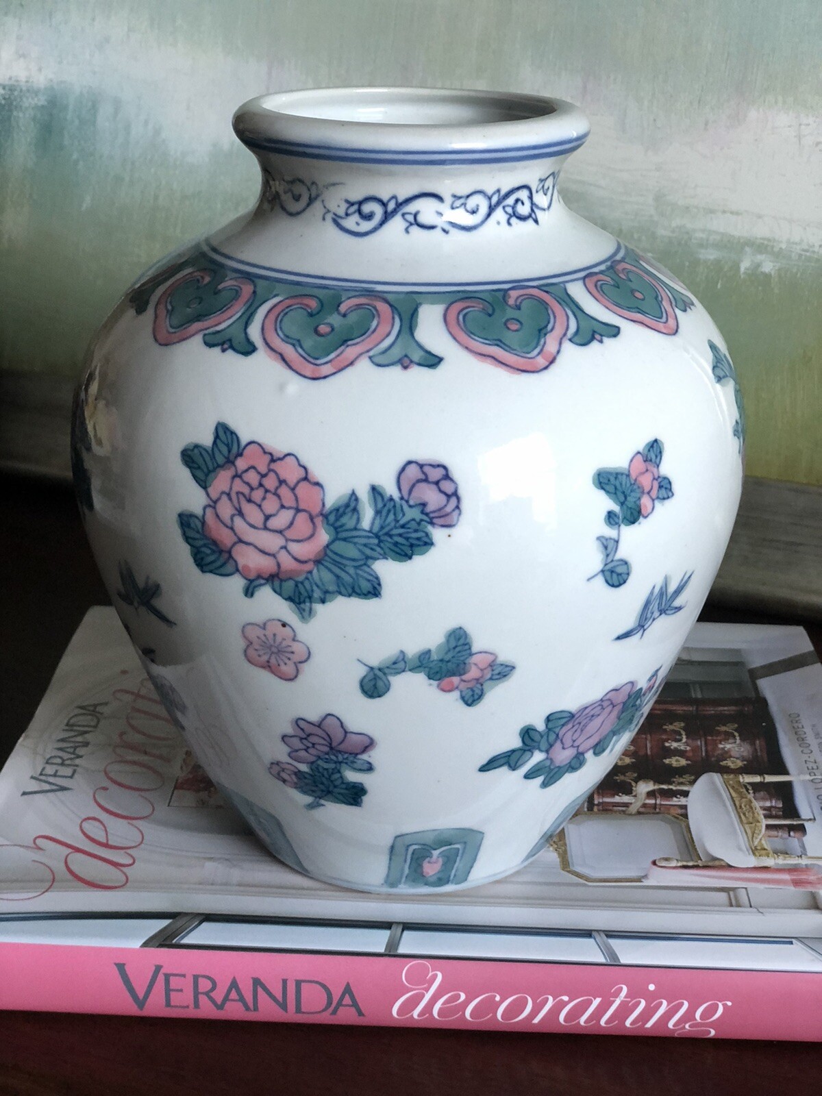 Chinoiserie Asian Style Vase Vintage White Blue Green Pink Grandmillenial 9”