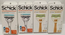 Lot of 4 Schick 2 Quattro Titanium & 2 Xtreme Bamboo Razor 1 Handle 3 Cartridge