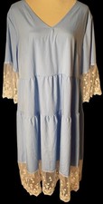 Women’s 1XL Blue Peasant Boho Long Dress Lace Cottagecore Tiered Bell Sleeves