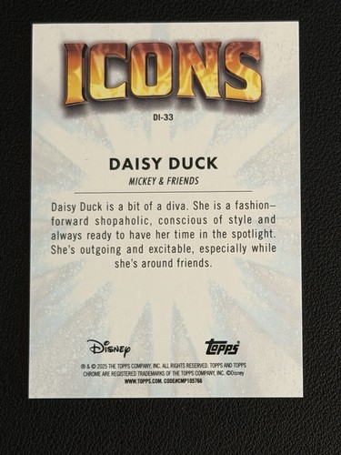 Daisy Duck 2025 Topps Chrome Disney Orange Refractor /25 Icons Insert #DI-33 - Picture 2 of 2