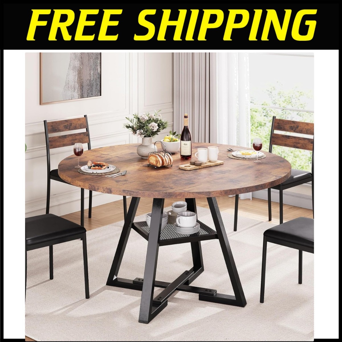 Chic 42-Inch Round Dining Table, Rustic Vintage Style for Kitchen