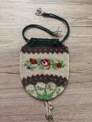 Antike Perlen Handtasche Kordelzug Tasche Absehen Perlen Quaste Blumenmotive - Bild 1 von 4