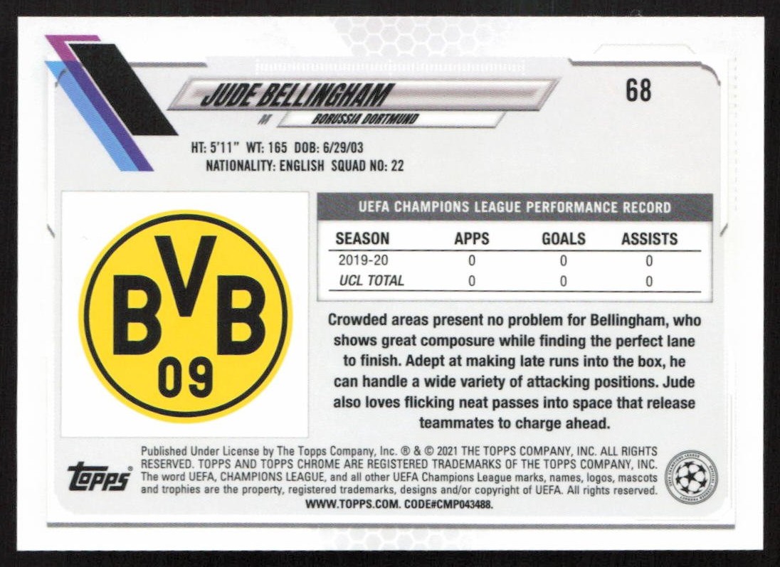 2020 Topps Chrome UEFA Champions League Jude Bellingham Rookie #68 IM1-8 view 2