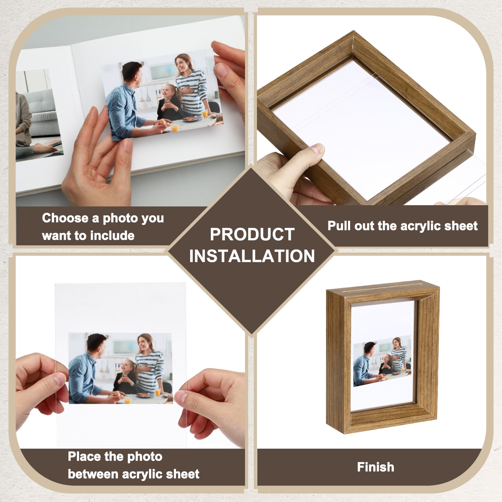 4Pcs Floating Frame, 8 x 6 Inch Wood Picture Frame, Natural Wood