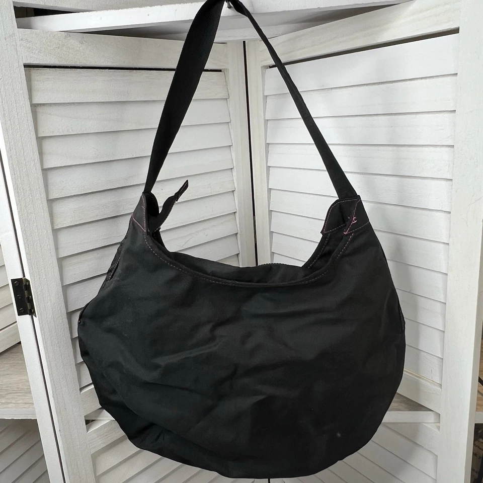 Joe Boxer Black Shoulder Bag Pink Lining Nylon Purse Smiley Logo Y2K Style - Image 3 of 4