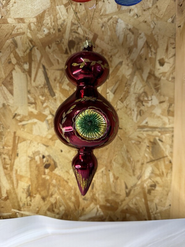 Santa’s Best Reflector Finial Blown Glass Ornament 8” Red Gold Glitter