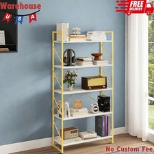 5 Tier Bookshelf, Modern Gold White Bookcase, Open Bookcase Storage Organizer