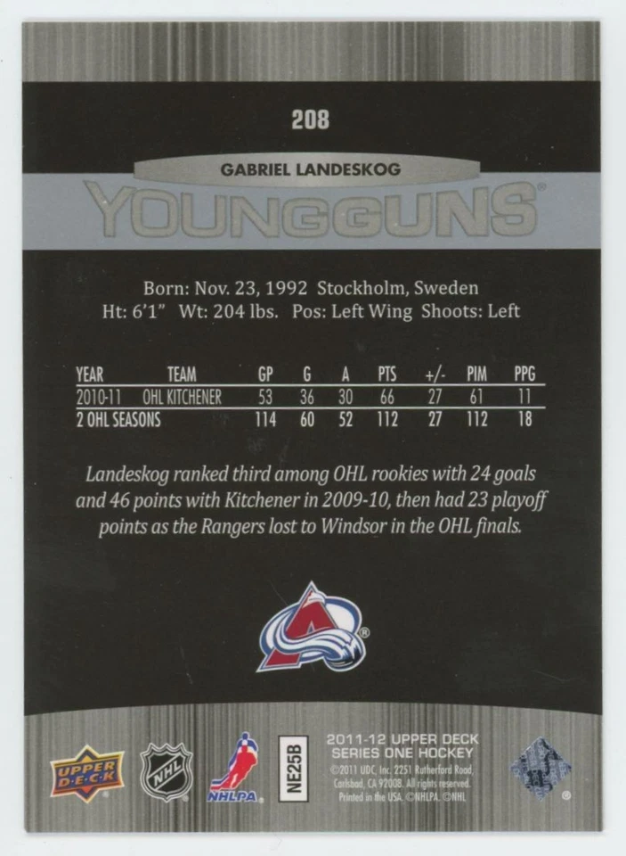 2011-12 UPPER DECK Gabriel Landeskog YOUNG GUNS RC ROOKIE - Image 2 of 2