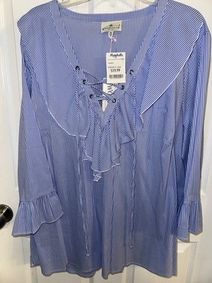 Women s Grand B Greene Top Lace Up Ruffle Neck Blue White Stripe Size 1X NWT