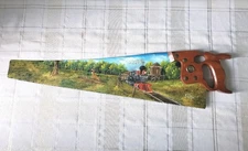 Vintage Disston HandSaw Hand-Painted, Signed Jan Perdew Railroad Train Rural USA