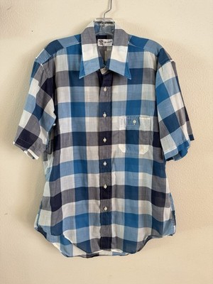 1960s HY MARCUS Checkered Single Pocket Shirt Large Blue 60s Preppy Mod Plaid