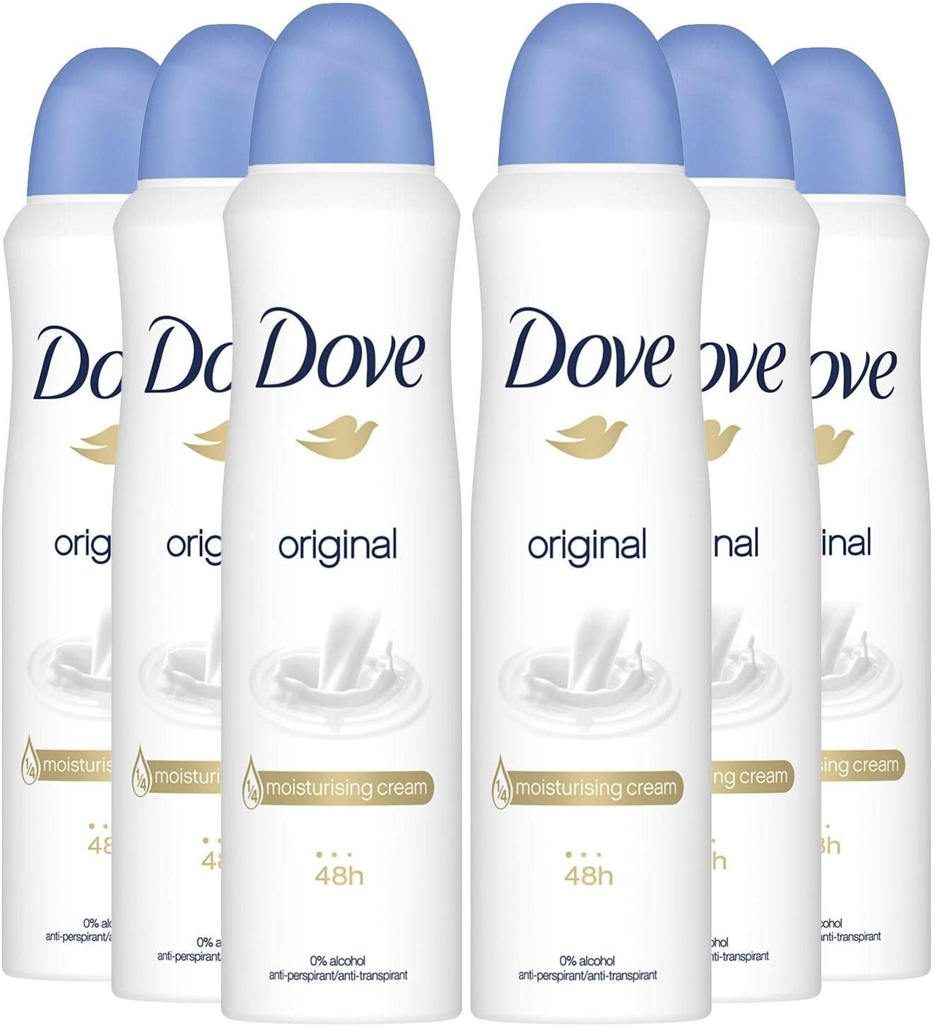 6 x 150ml Dove Original Anti-Perspirant Deodorant Spray 0% Alcohol