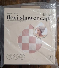 Set of 2 New Kitsch Flexi Shower Cap Satin-Lined in Terracotta Checker Design