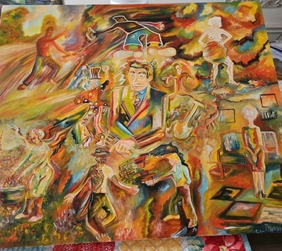 #ad Original VTG OOAK 1984 Abstract Art Oil On Linen quot;Good Old Days Side 2quot; Signed $343.95