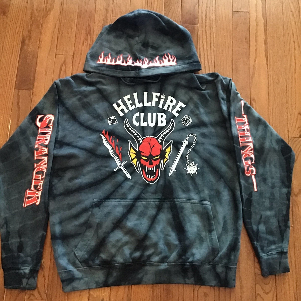 Netflix Stranger Things Hellfire Club Hoodie Grey Tie Dye Mens Medium