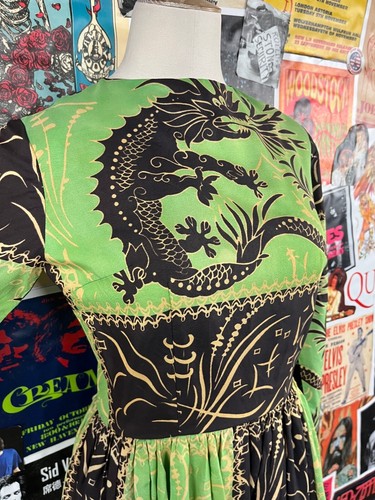 Vtg 60s Green Asian Dragon Novelty Print Hostess Maxi Dress Scarf 2XS Retro - Picture 5 of 21