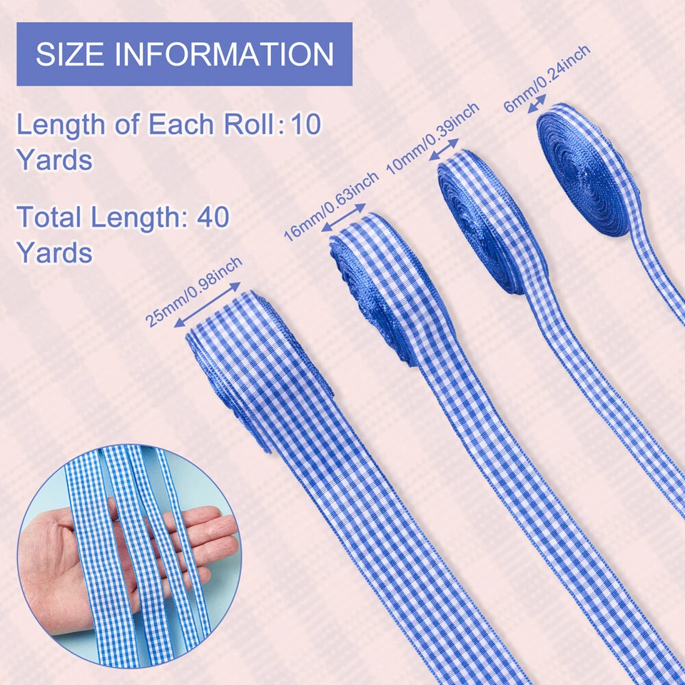 4 Rolls Blue Tartan Polyester Ribbon 3/8" 5/8" 1/4" 1" Gingham Checked Ribbon - Image 3 of 4