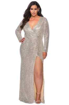 La Femme Curve Silver Sequin Long Sleeve Side Slit Gown Size 22 $448