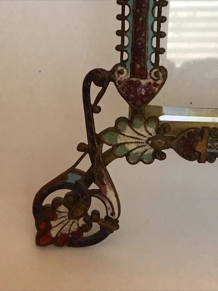 Antique French Champleve Dresser Top/Hanging Picture Frame Beveled Glass Insert - Image 2 of 4