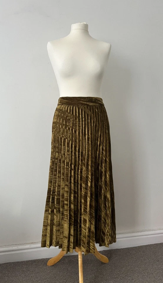Anthropologie Olive Green Gold Velvet Pleated Midi Skirt UK 14 UK 16 US 12 FR 44 - Image 3 of 4