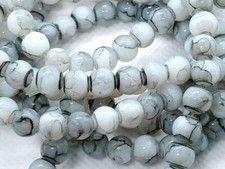 GLASS BEADS ROUND DRUK 6mm White with Black Swirl Semi Transparent 16" strand