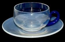 Fry Glass Foval Demitasse #2002 Pearl Cup and Saucer with Delft Blue Handle