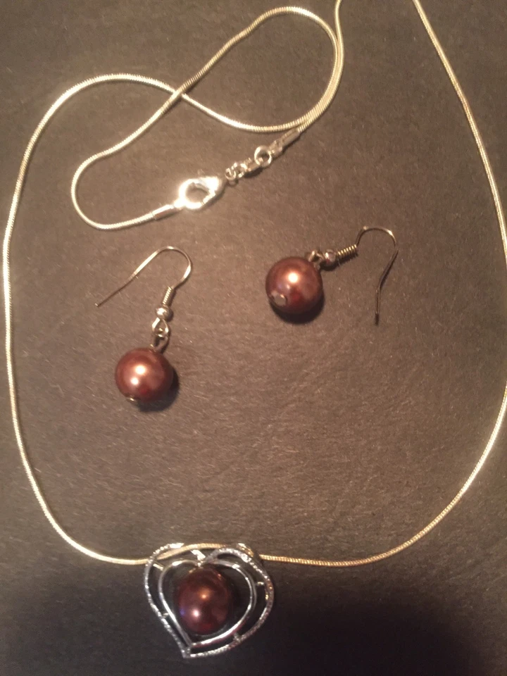 NATURAL PEARL Love  HEART Pendant Dark Red JEWELRY set 925 silver chain earrings - Image 2 of 4