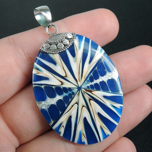 925 Sterling Silver Oval Natural Cone Shell & Blue Resin Pendant Jewellery - 第 1/8 張圖片