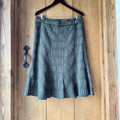 Marks and Spencer Größe 14 Grün Kariert Kariert Midirock Gürtel A-Linie Wolle