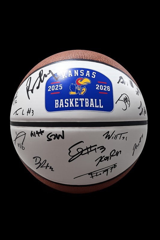 Darryn Peterson & 2025-26 Kansas Jayhawks Team Signed Logo Basketball NBA Jazz